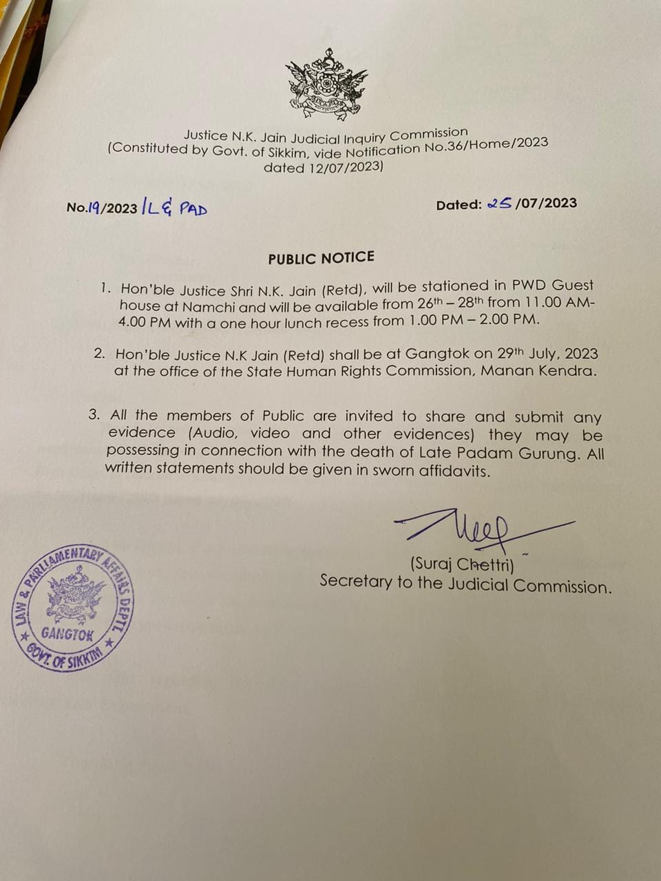 Padam Gurung Death Case : Retd. Justice NK Jain Inquiry Commission  Seek Evidence
