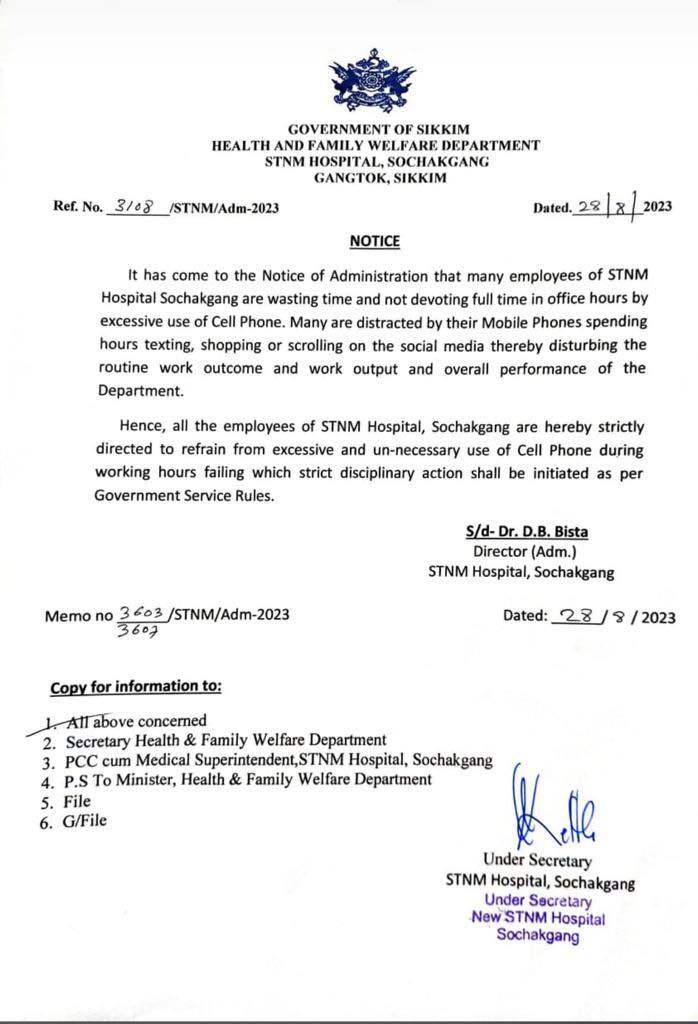 Government Of Sikkim Serious On STNM Hospital Employees Using Cell Phone During Duty Time 