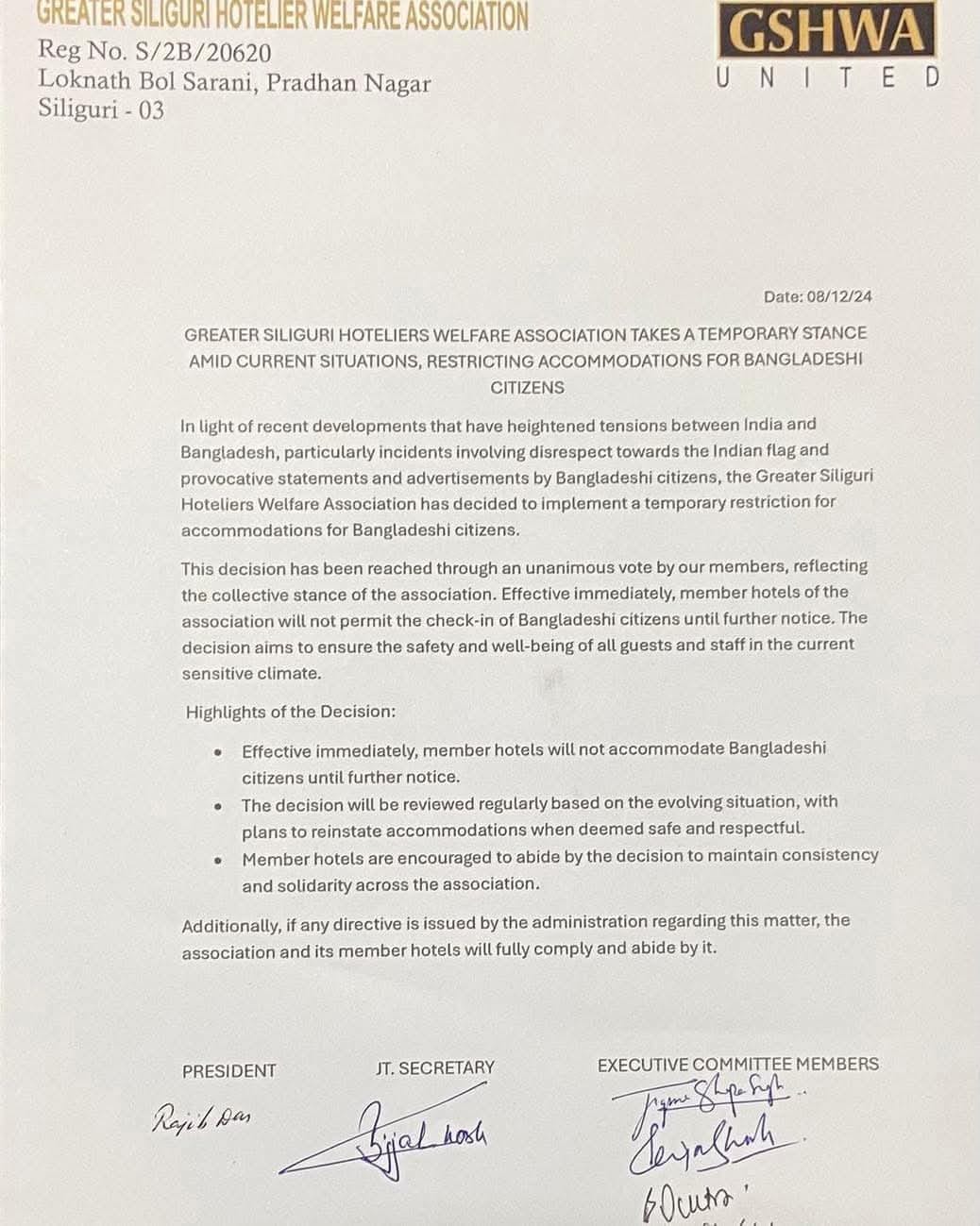 GSHWA Implements Temporary Ban on Accommodation for Bangladeshi Citizens Amid Tensions