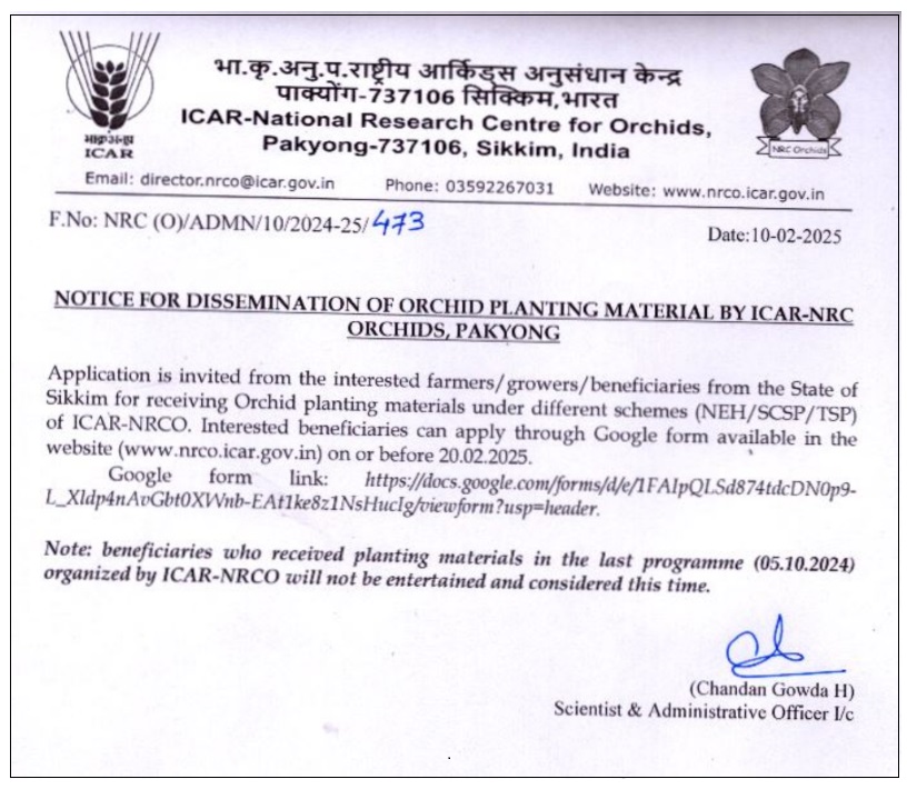 ICAR-NRCO Invites Applications for Orchid Planting Materials in Sikkim