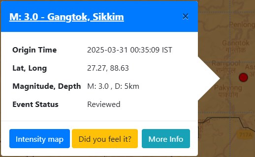 Earthquake Strikes Near Gangtok and Pakyong; Magnitude 3.0 Recorded