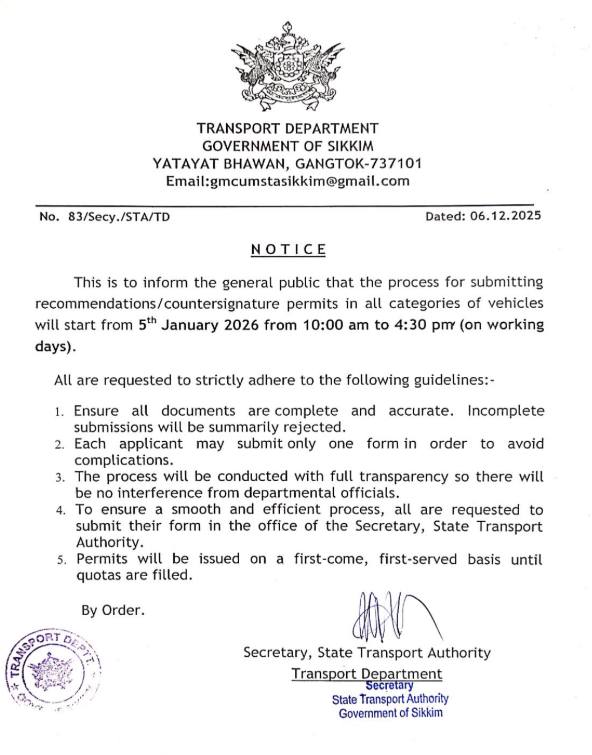 Transport Department to Begin Permit Submission Process from January 5, 2026