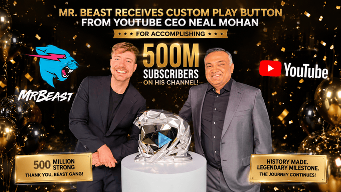 MrBeast Hits 500 Million YouTube Subscribers, Gets Play Button from CEO Neal Mohan