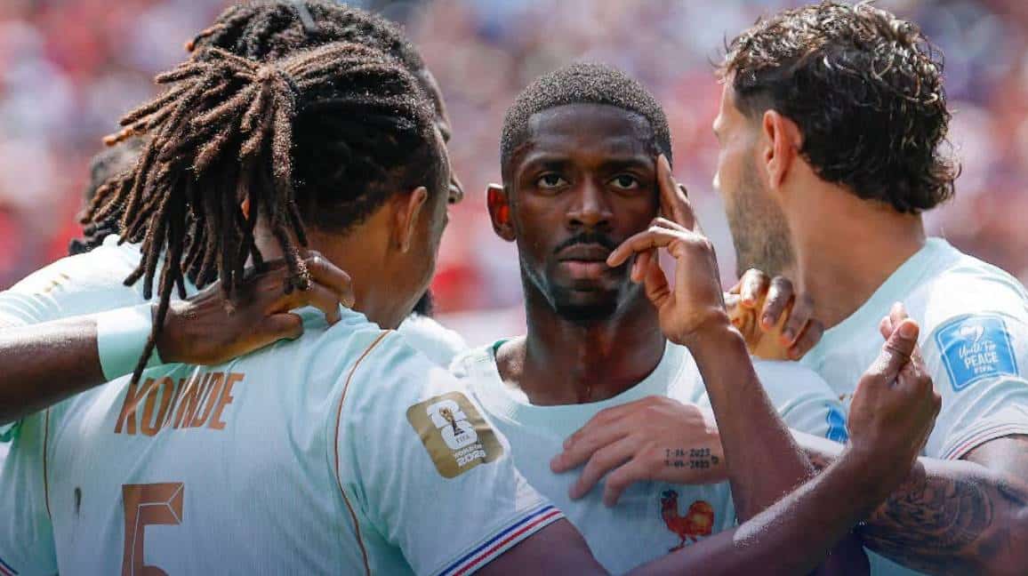 Ousmane Dembélé celebrates his first-half hat-trick for France against Norway at FIFA World Cup 2026 in Boston