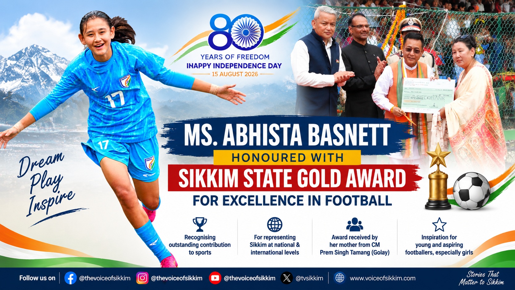 Ms. Abhista Basnett Honoured with Sikkim State Gold Award for Excellence in Football