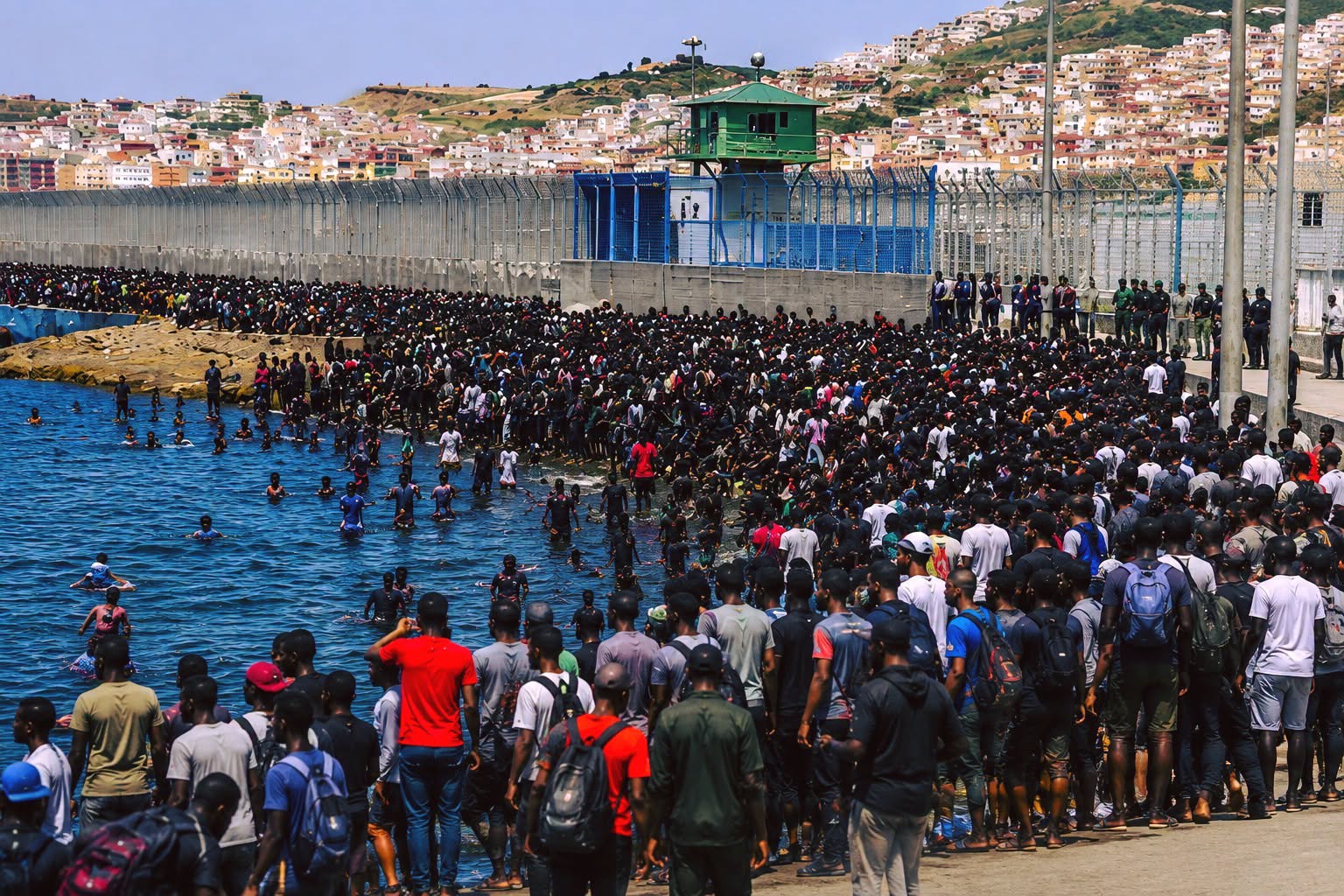 Migrants crossing the Ceuta border from Morocco into Spain, July 2026
