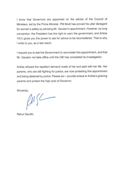 Letter to The President From Rahul Gandhi - Two-page letter dated October 15, Rahul Gandhi requested the President