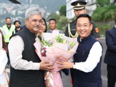 Dushyant Kumar Gautam arrives at Burtuk Helipad in Gangtok ahead of Sikkim Governor swearing-in.