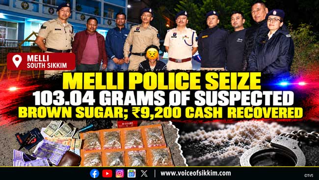 Melli Police seize 103.04 grams of suspected brown sugar and ₹9,200 cash during vehicle interception in South Sikkim.