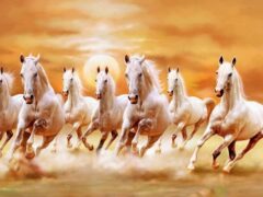 Five Vastu paintings for home featuring seven running horses, waterfall, Lord Ganesha, mountains and peacock.