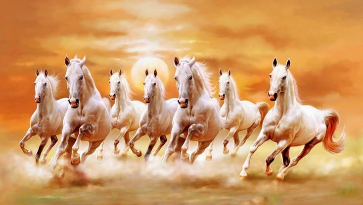 Five Vastu paintings for home featuring seven running horses, waterfall, Lord Ganesha, mountains and peacock.